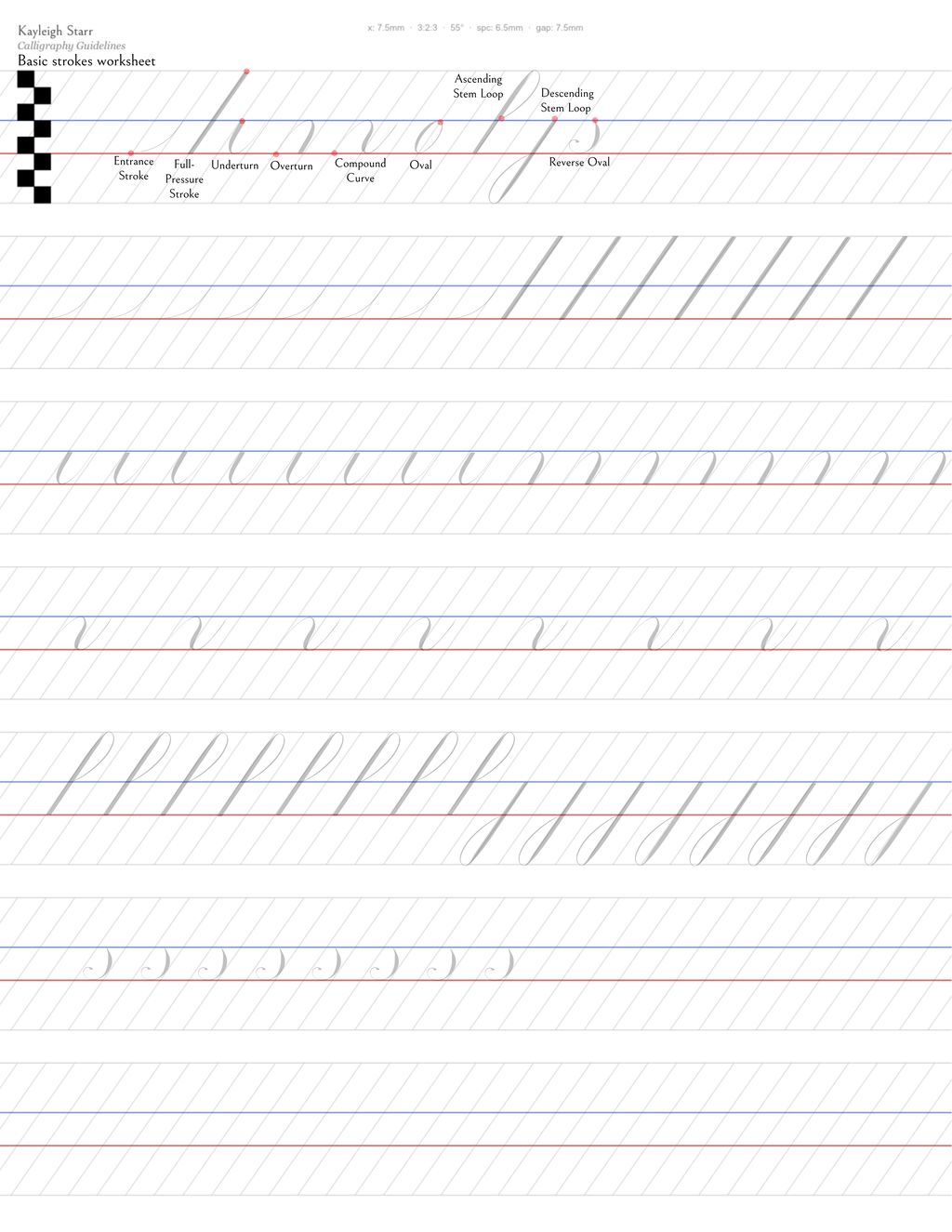 Preview of the Basic Strokes calligraphy worksheet with guidelines and slant lines