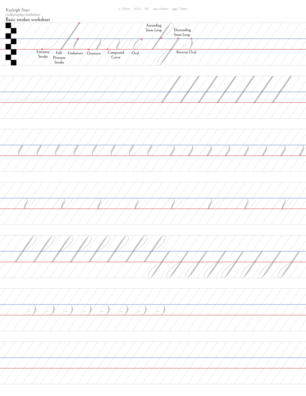 Preview of the Basic Strokes calligraphy worksheet with guidelines and slant lines