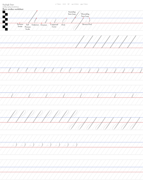 Preview of the Basic Strokes calligraphy worksheet with guidelines and slant lines
