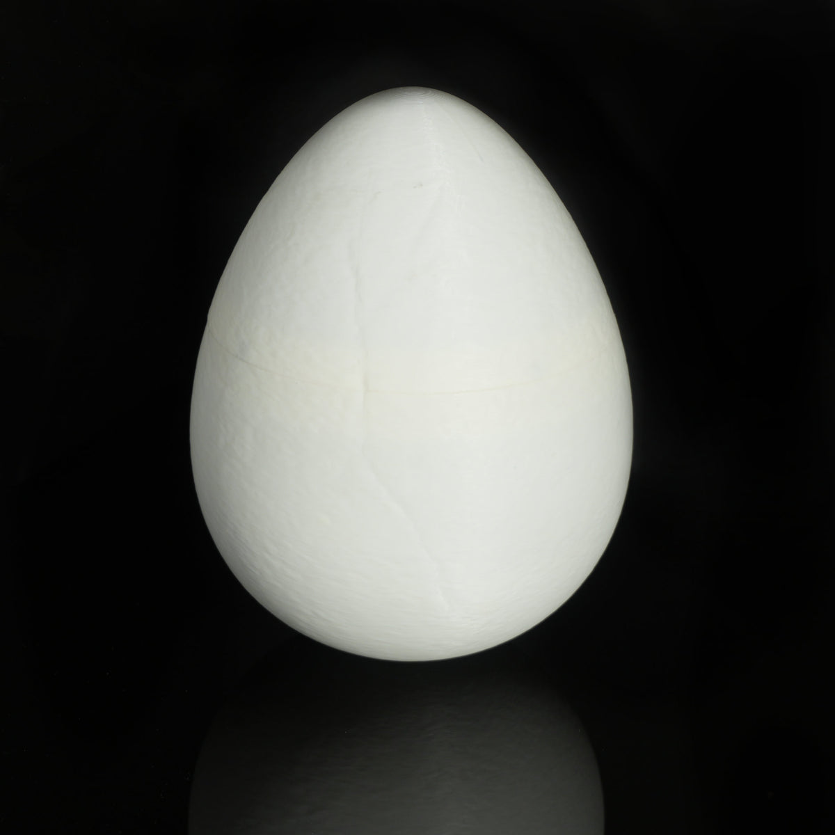 White 3D-printed dino egg standing closed on a black background
