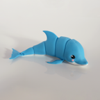 Blue articulated dolphin curving its tail