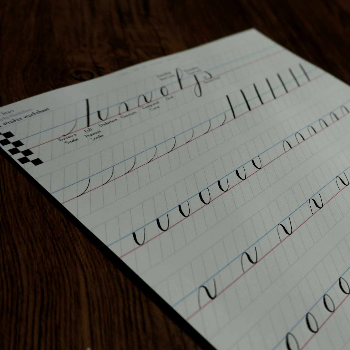 Printed calligraphy worksheet with pointed-pen practice strokes on guidelines