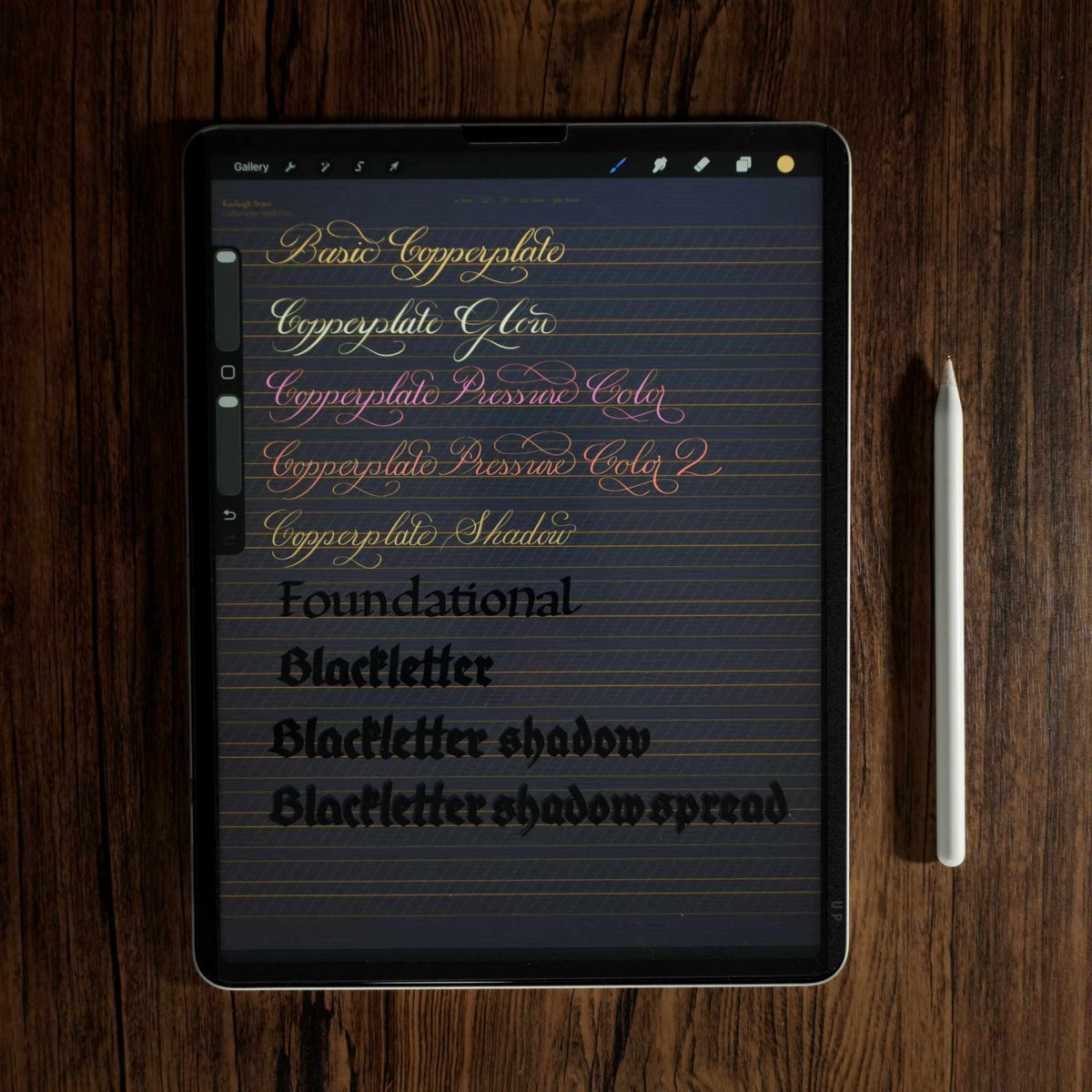 iPad showing Kayleigh Starr's Procreate calligraphy brushes: copperplate, foundational, and blackletter samples