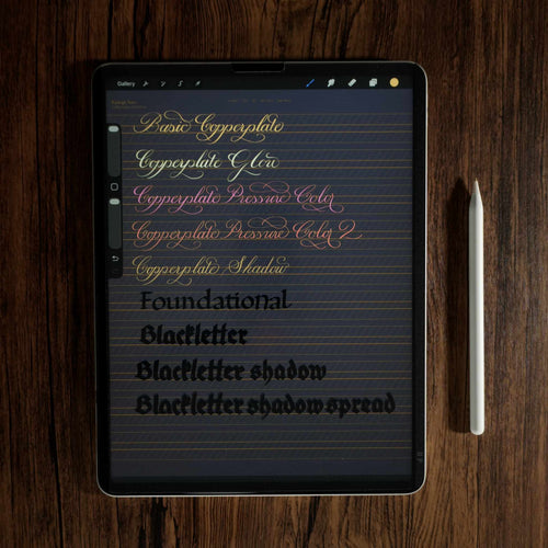 iPad showing Kayleigh Starr's Procreate calligraphy brushes: copperplate, foundational, and blackletter samples